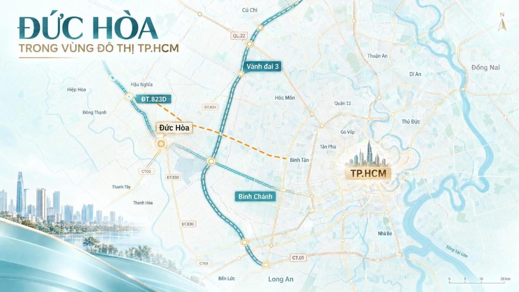 Bản đồ Đức Hòa trong vùng đô thị TP.HCM với các trục Vành đai 3, ĐT823D và CT01
