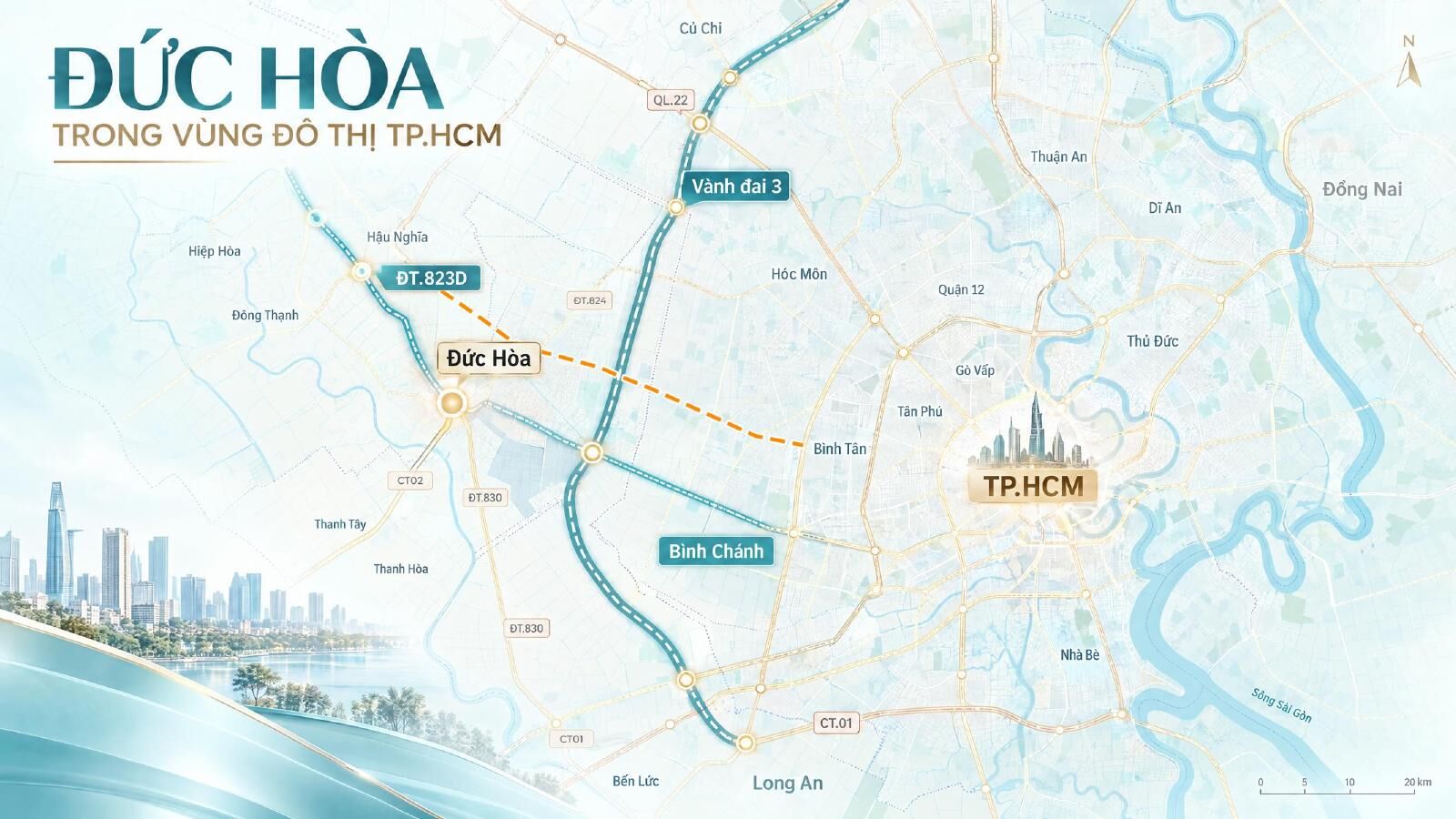 Bản đồ Đức Hòa trong vùng đô thị TP.HCM với các trục Vành đai 3, ĐT823D và CT01